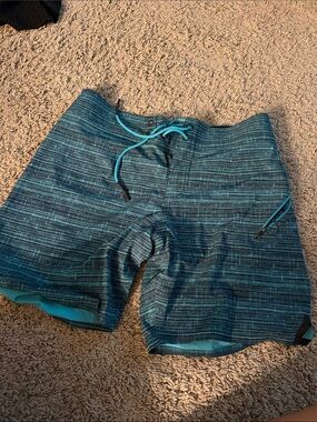 lululemon athletica Teal and Navy Striped Swim Board Shorts